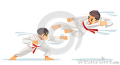 Two kids sparing on karate, makes a high kick. Vector Illustration