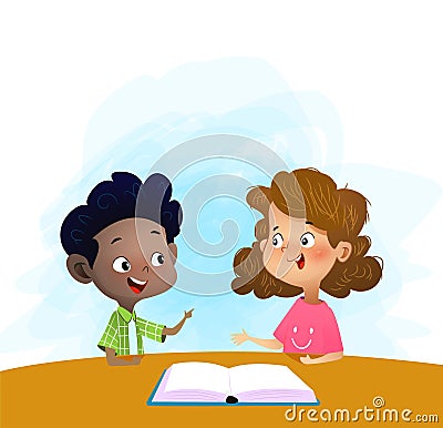 Two kids talking and discuss book in library. Vector Illustration