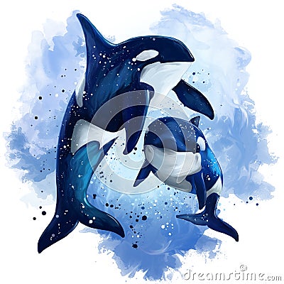 Two killer whales in the ocean. Watercolor painting Stock Photo