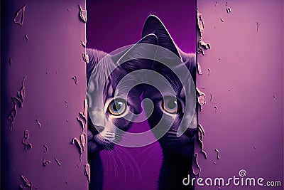 Two kittens cautiously peeking out from behind a shabby corner on a purple background, created with Generative AI Stock Photo