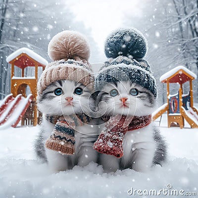 Two kittens puppies playing in the snow Stock Photo