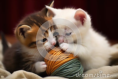 two kittens wrestling for control of a ball of yarn Stock Photo