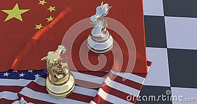 Two knight chess pieces standing on american flag and china flag Cartoon Illustration