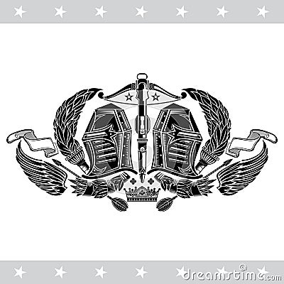 Two knight helmets between torches and wings with crossbow in center. Heraldic vintage label on white Vector Illustration