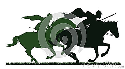 Two Knights are jumping. Scenery silhouette. Medieval warriors with spears and in armor ride horses. Object isolated on Vector Illustration