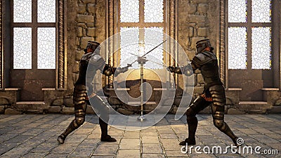 Two knights in medieval armor fight each other with swords. 3D Rendering Stock Photo