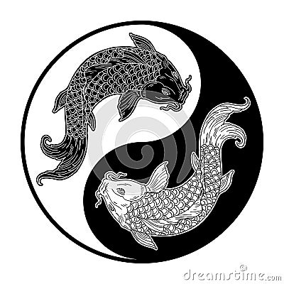 Two koi carps. Yin yang symbol. Vintage engraving monochrome illustration. Isolated on white Vector Illustration