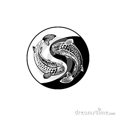 Two koi carps. Yin yang symbol. Vintage engraving monochrome illustration. Isolated on white Vector Illustration