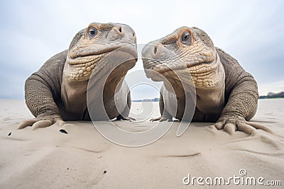 two komodo dragons facing each other on sandy terrain Stock Photo