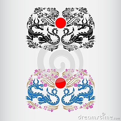 Two label of Japan hanami festival blossom of sakura with dragons and red circle of japan middle Vector Illustration