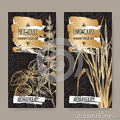 Two labels with Patchouli and lemongrass on black background. Vector Illustration