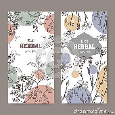 Two labels wuth Lawsonia inermis aka henna tree and Linum usitatissimum aka common flax sketch. Green apothecary series. Vector Illustration