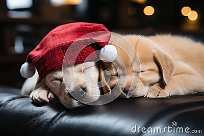 Two Labrador puppies are sleeping on the sofa. Cute dogs, pets Stock Photo