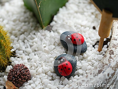 Two lady bugs props positioned in a cactus vessel Stock Photo