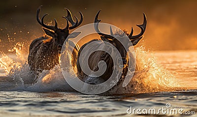 Two large animals running through body of water Stock Photo