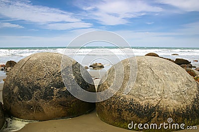 Two large boulders of Moeraki Boulders, New Zealand Stock Photo