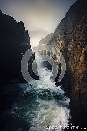 two large ocean cliffs forming a canal. crashing waves. Preikestolen Stock Photo