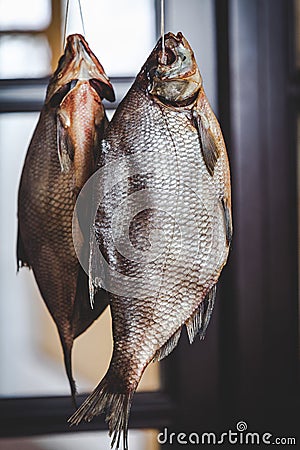 Two appetizing dried fish weigh on blurred background Stock Photo