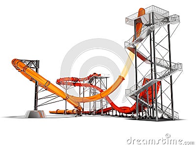 Two large water slides in the water park front view 3d render on Stock Photo