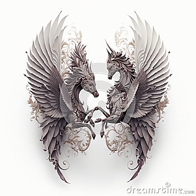 two large winged animals are facing each other with wings spread out to form a heart shape, on a white background, with a white Stock Photo