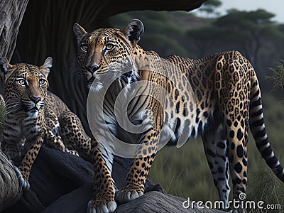 Two leopards in their den under a tree Stock Photo
