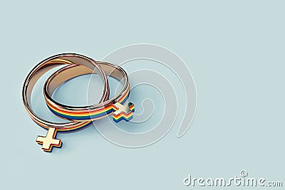 Two lesbian female wedding rings isolated on pastel green background. Copy space included. LGBTQ+ people right to live together Stock Photo