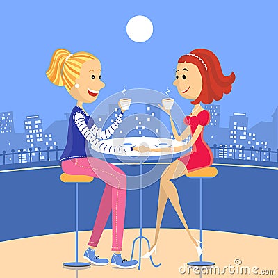 Two lesbian lovers in a cafe Vector Illustration