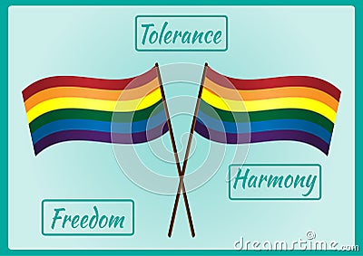 Two LGBT flag on a pole and three frames for text with the words Vector Illustration