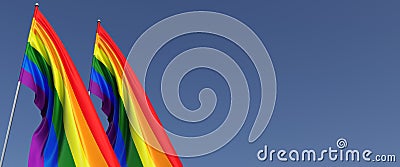 Two LGBT flags on a flagpole on a blue background on the side. The rainbow flag flutters in the wind. Place for text. LGBT Cartoon Illustration