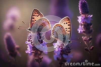 Two lilac butterfly on Lavender flowers in rays of summer sunlight in spring outdoors macro in wildlife, soft focus. Stock Photo