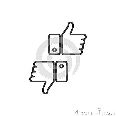 Two linear like icons on white background. Two objects. Thumbs up and thumbs down. Vector Vector Illustration