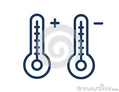 Two linear mercury thermometers with high and low temperatures. Simple icon of hot and cold weather in line art style Vector Illustration