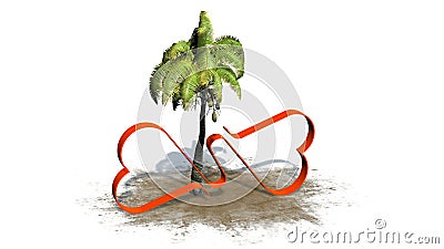 Two Linked Hearts on a sand area and palm Stock Photo