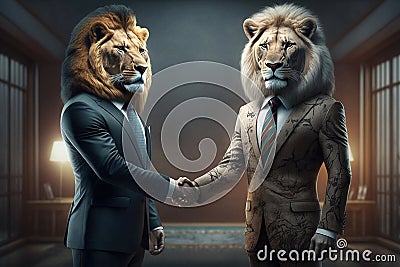 Two lion business men shaking hands, illustration, generative AI Cartoon Illustration