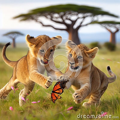 two lion cubs playing and learning to hunt Stock Photo