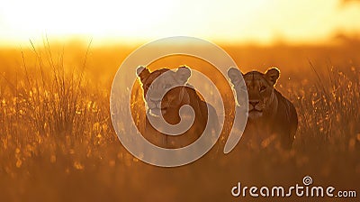 Two Lionesses in Golden Grassland at Sunset Stock Photo