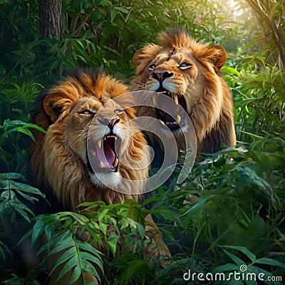 two lions roaring in a lush forest with green leaves, on a sunny morning. Stock Photo