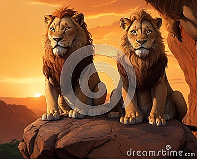 Two lions sitting on a rock at beautiful orange sunset Stock Photo