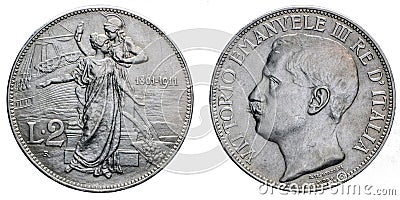 Two Lire Silver Coin 1911 fiftieth anniversary Vittorio Emanuele III Kingdom of Italy Stock Photo