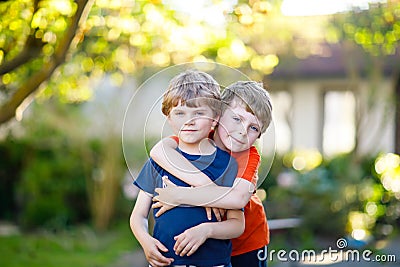 Two little active school kids boys, twins and siblings hugging on summer day Stock Photo