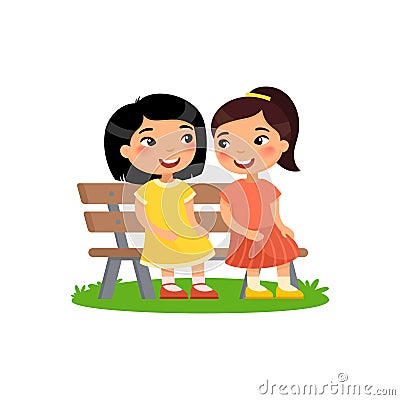 Two little asian girls are sitting on bench. Girlfriends are talking. Vector Illustration