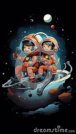 Two Little Astronauts Crossing in Spaceship Colors. Generative ai Cartoon Illustration