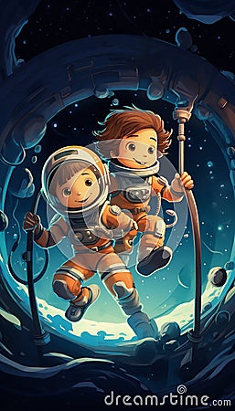 Two Little Astronauts Crossing in Spaceship Colors. Generative ai Cartoon Illustration