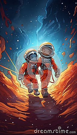 Two Little Astronauts Crossing in Spaceship Colors. Generative ai Cartoon Illustration