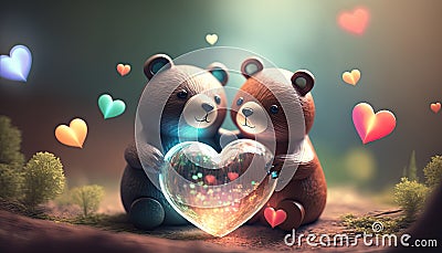 Two little bears toys holds heart in paws on colorful lens flare background cute in love teddy bears Stock Photo
