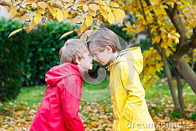 Two little best friends and kids boys autumn park in colorful clothes. Stock Photo