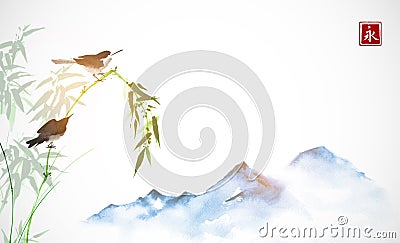 Two little birds, bamboo branch and far blue mountains. Traditional oriental ink painting sumi-e, u-sin, go-hua Vector Illustration