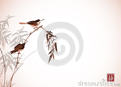 Two little birds sitting on bamboo branch. Traditional oriental ink painting sumi-e, u-sin, go-hua in vintage style Vector Illustration