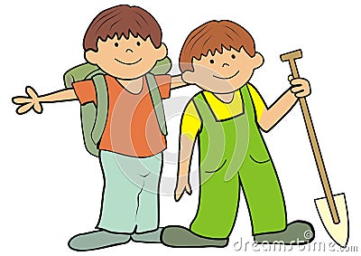 Two little boys with bag and spade on a trip. Vector icon. Vector Illustration