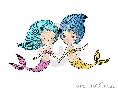 Two little cartoon mermaid. Siren. Vector Illustration